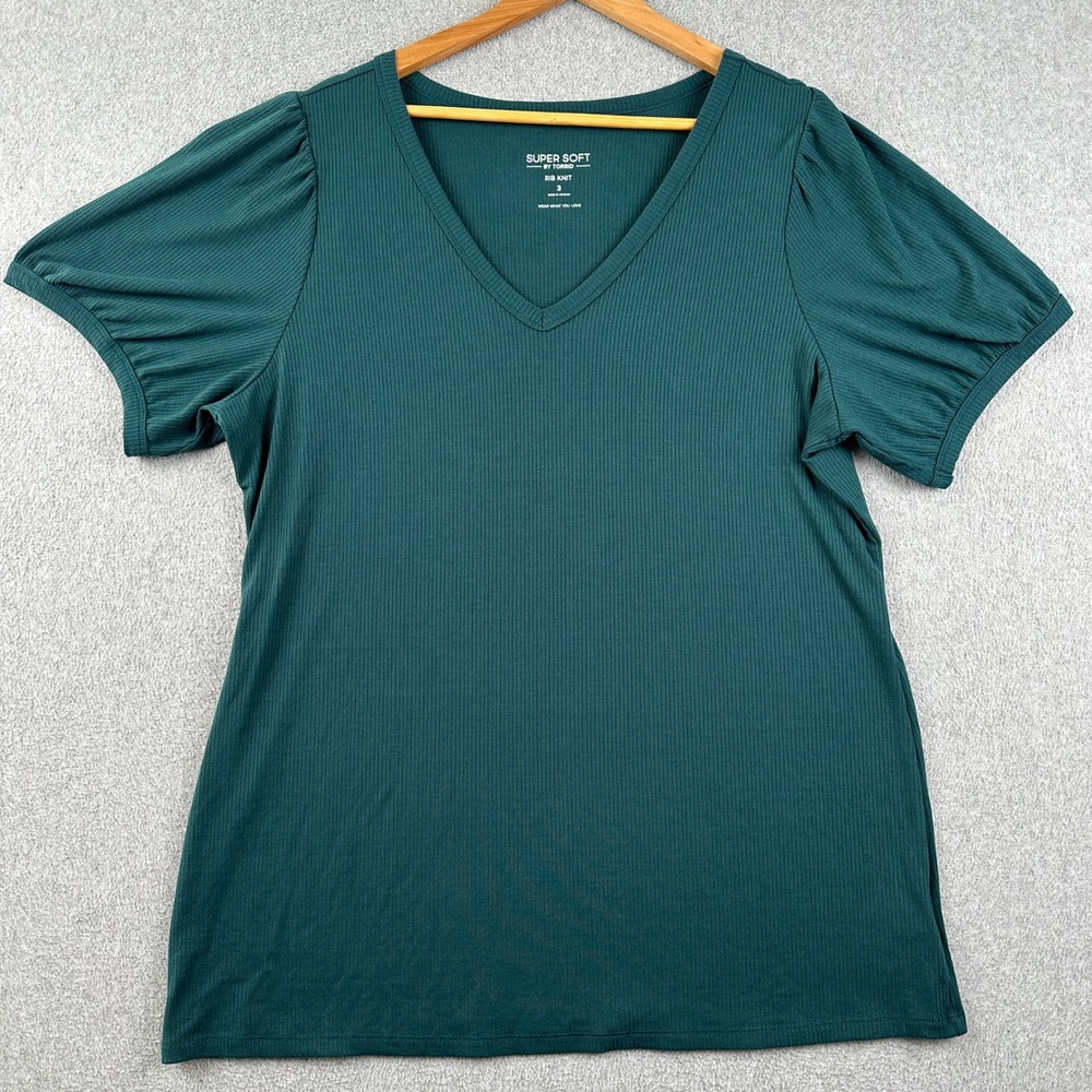 Torrid T Shirt Womens 3 Super Soft Rib Knit Green V-Neck Puff Sleeve Top